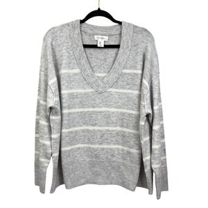 Jessica Simpson Womens Striped Knit Sweater V-Neck Pullover Gray White Size L